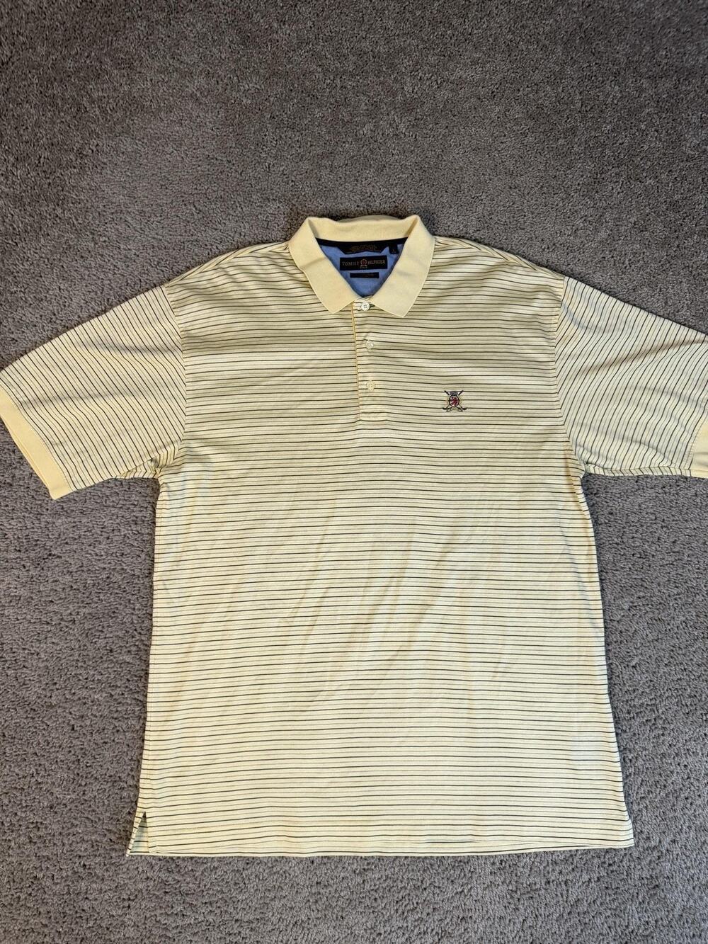 Vintage Tommy Hilfiger Polo Shirt Mens L Yellow Golf Mercerized Cotton Striped